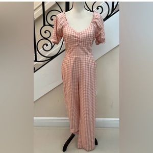 NEW Jessica Simpson Gingham Plaid ruched POCKETS Jumpsuit Pink Cream